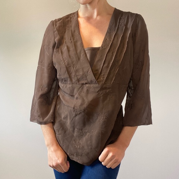 Bohemian Brown Embroidered Chiffon 3/4 Sleeve Top - Picture 13 of 14